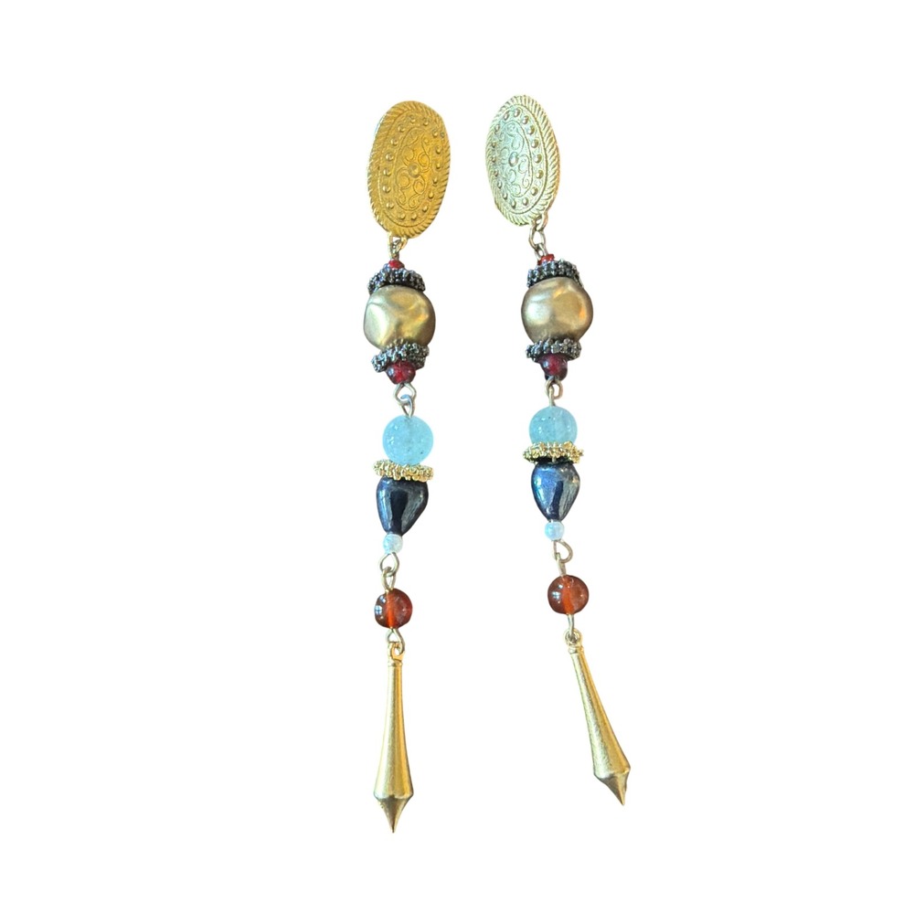Earrings Vintage Boho Y2K Womens 4in‎ Gold Mixed Bead Drop Dangle